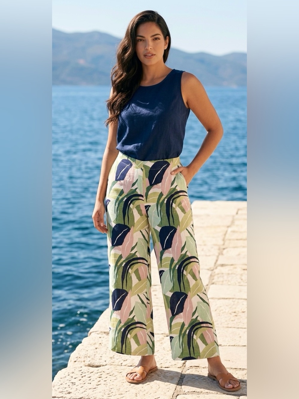 2 for $25 Tahari Wide Leg Linen Pants Tropical Leaf Greens Navy Pink SZ L NWT